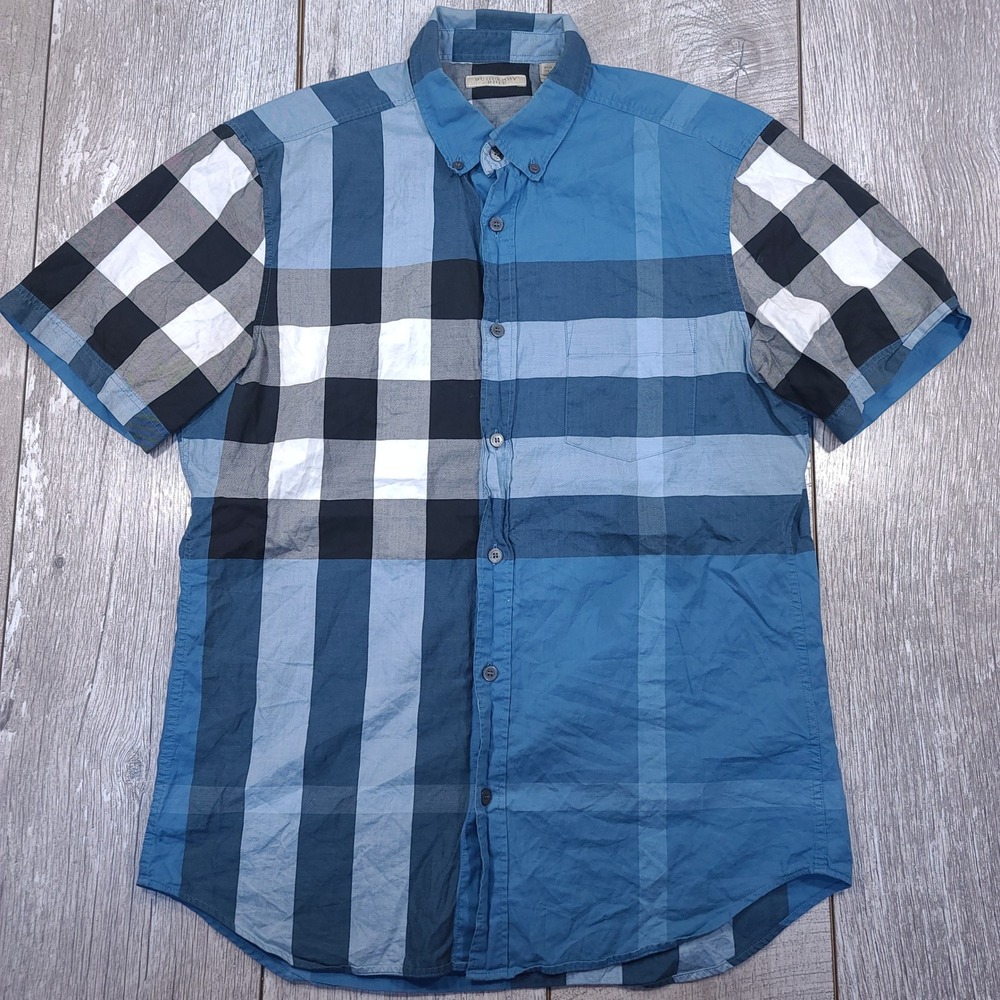 Burberry Brit Button Front Shirt Mens Medium Blue Nova Check Short Sleeve Top